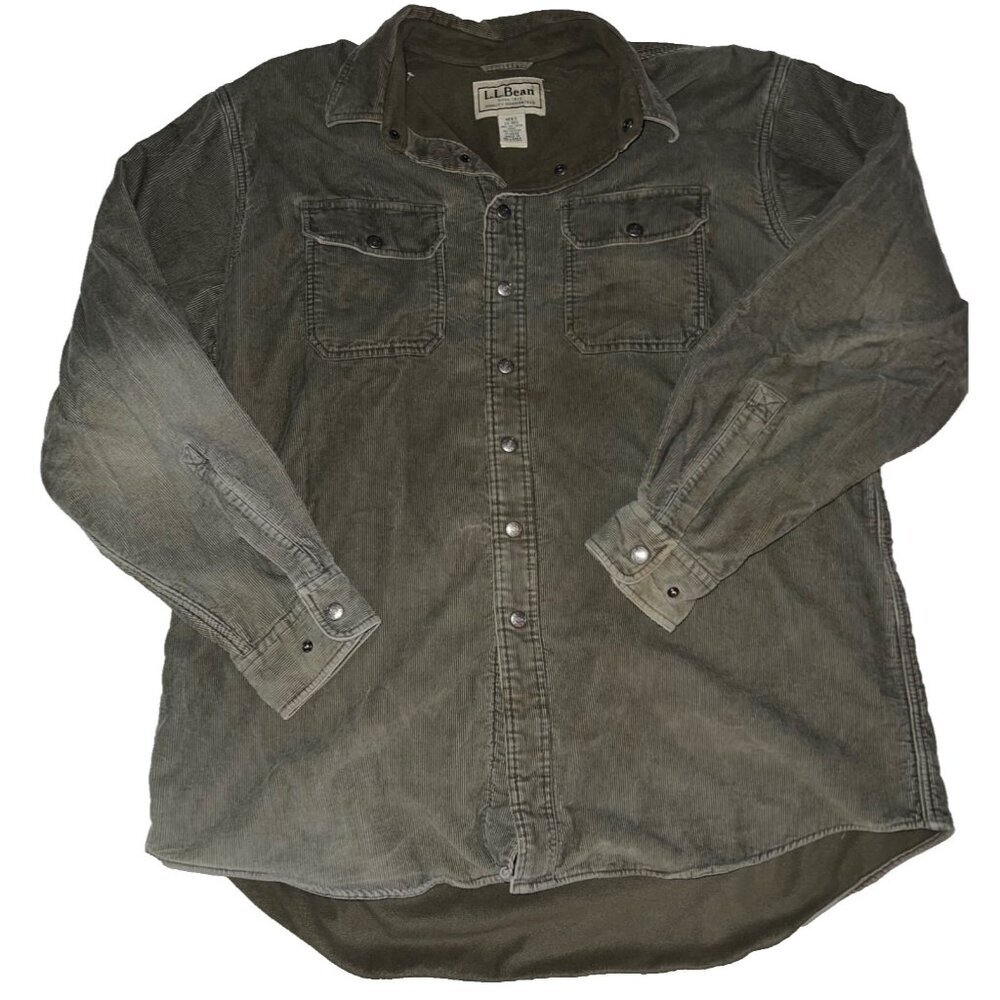 L.L Bean Men's Corduroy Shirt Jacket L Flannel Lined Green Heavyweight